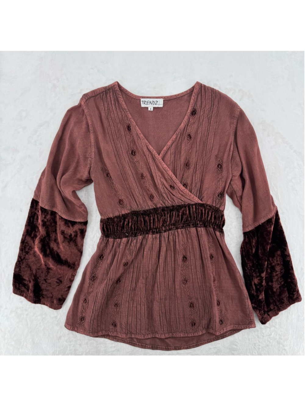 Y2K Brown Whimsigoth Fairy top Velvet Trim Embroidery Surplice Front Small